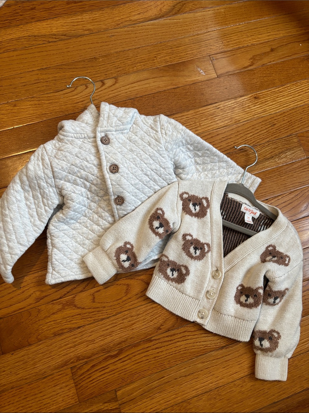 Carter's Cream Quilted Jacket & Beige Teddy Bear Cardigan Set